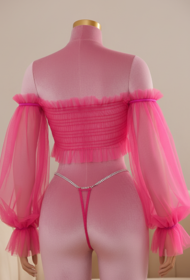 Completo in Tulle Trasparente con Maniche a Sbuffo e Perizoma Gioiello