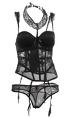 Set bustier in pizzo nero con coppa strutturata, choker coordinato e perizoma con dettagli di giarrettiere