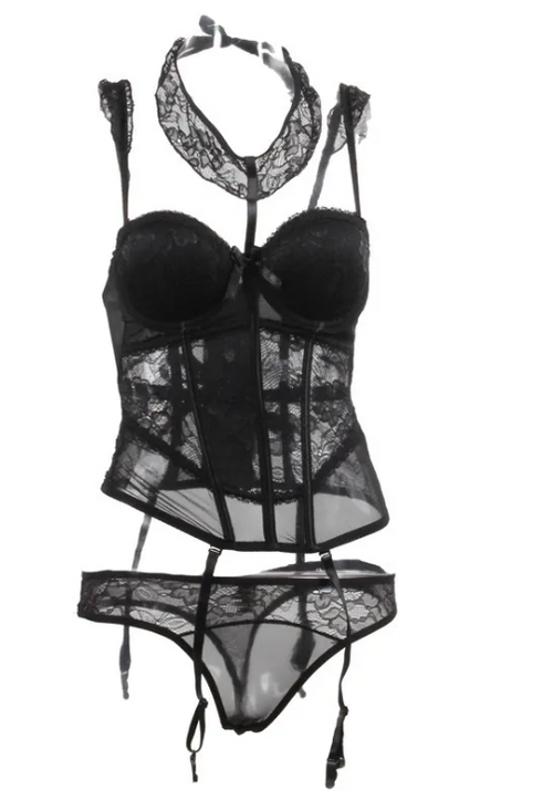 Set bustier in pizzo nero con coppa strutturata, choker coordinato e perizoma con dettagli di giarrettiere