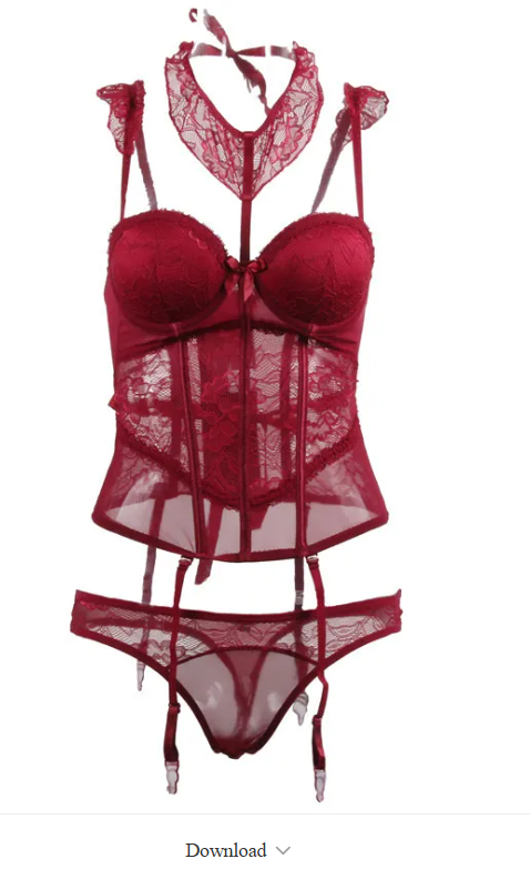 Set bustier in pizzo bordeaux con coppa strutturata, choker coordinato e perizoma con dettagli di giarrettiere